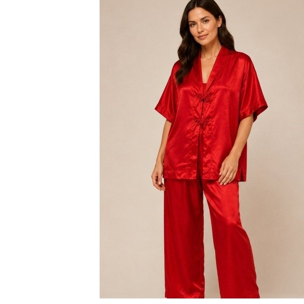 Hasting & Smith Pajama Set M Red Jacquard Floral Frog Closure Vintage Loungewear